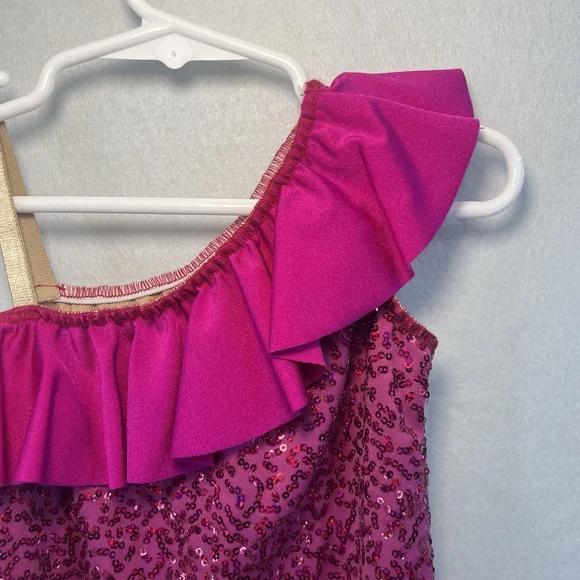 Kids One-Shoulder Dance Leotard Sequins Ruffled Neckline Pink Size Small Child - Picture 3 of 13